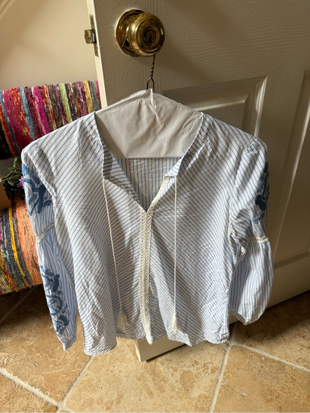 Striped Blue & White Embroidered J McLaughlin Blouse